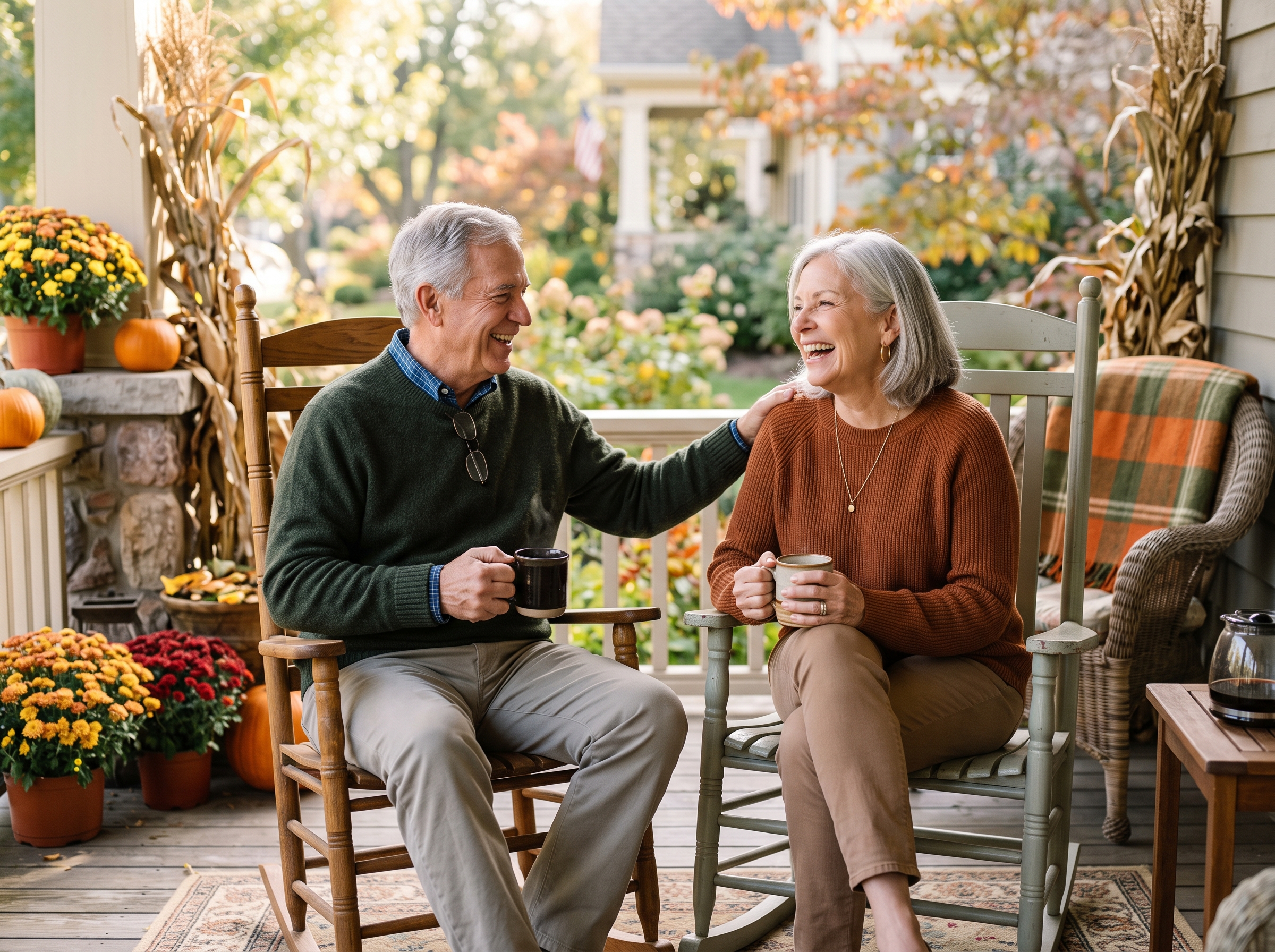 A retired couple relaxing with coffee on their front porch